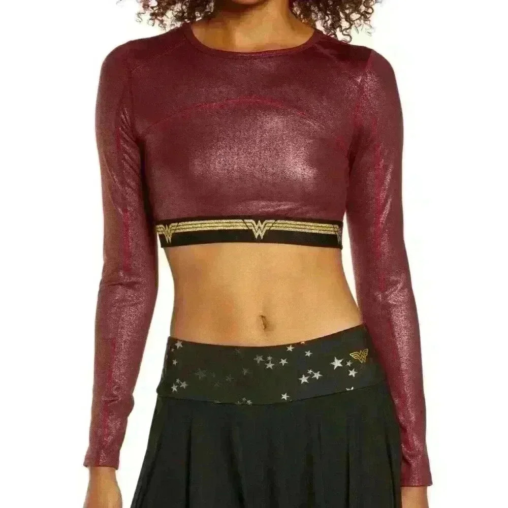 NWT Eleven Venus Williams Wonder Woman Long Sleeve Burgundy Crop Top Size Xs